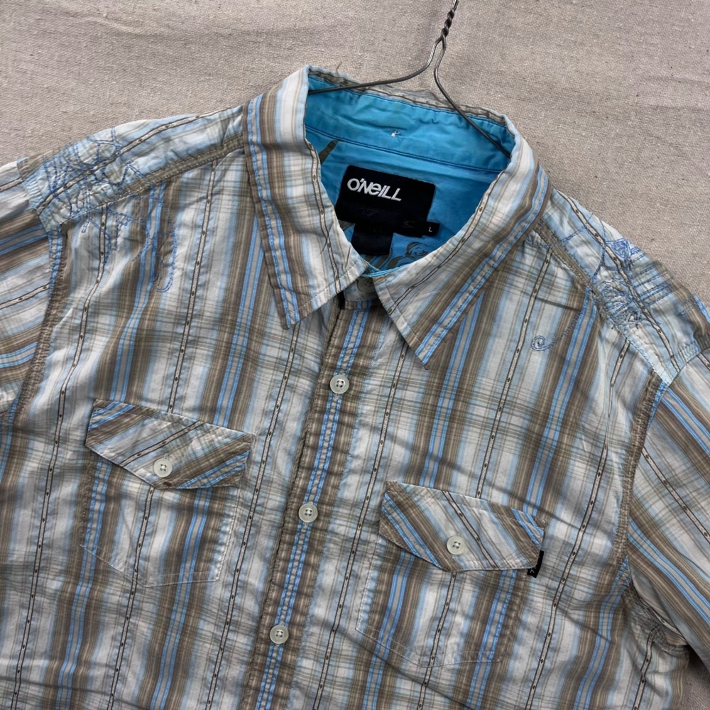 O'Neill Plaid Button Down Shirt Mens Large Blue Brown Short Sleeve Embroidered